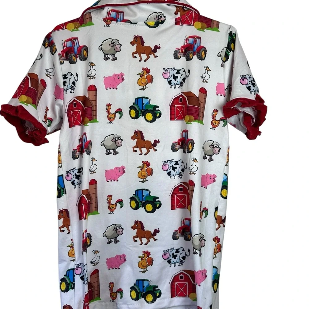Farm Animal Print Pajama Short Set‎ with Ruffles Button Front Top Pull On Shorts